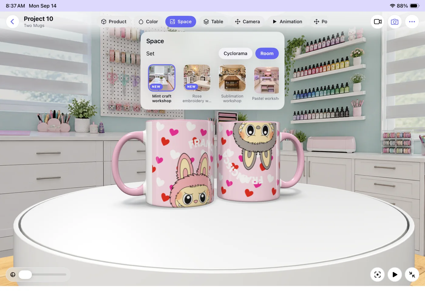 Your product in 3D on the left. The canvas on the right. What you change in one shows up in the other — no "apply" button.