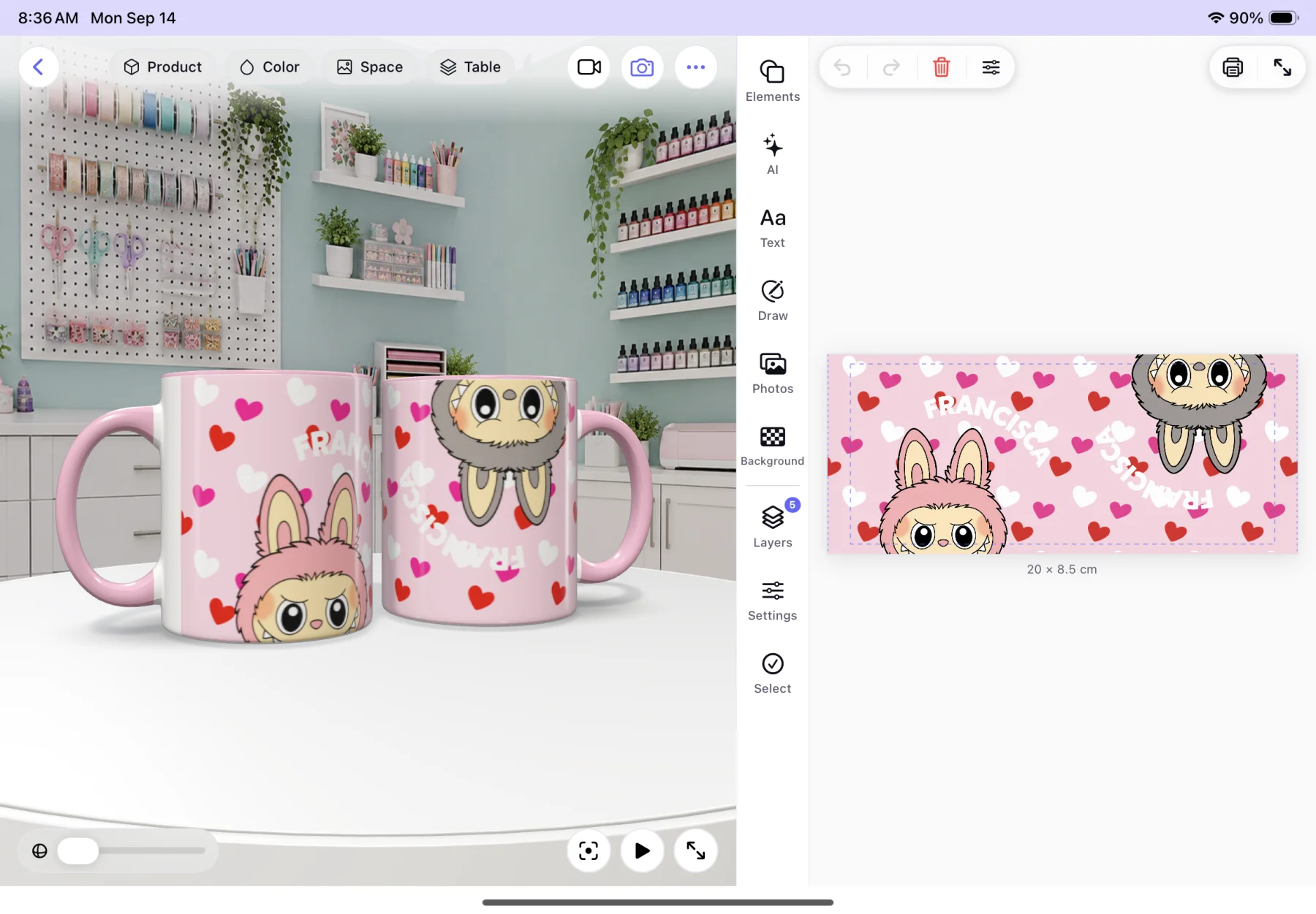 The live editor on iPad: the design on the right lands on the product on the left as you move it.