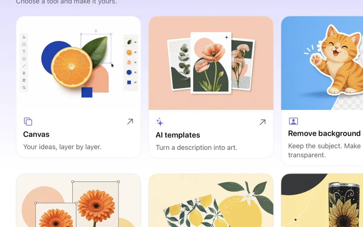 Herramientas de Mocka3D: lienzo, plantillas con IA y quitar fondo