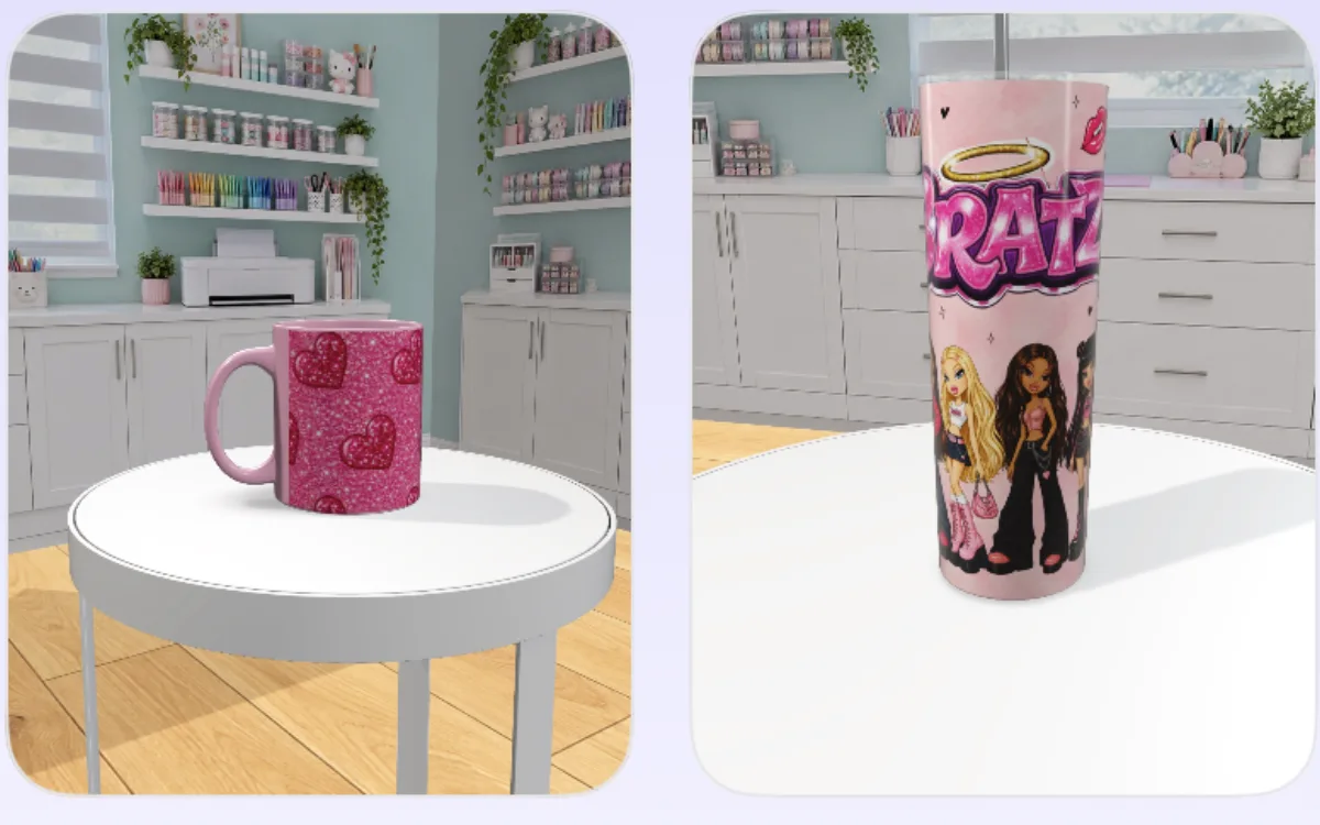 Mockups 3D de una taza con glitter y un tumbler personalizado hechos en la app