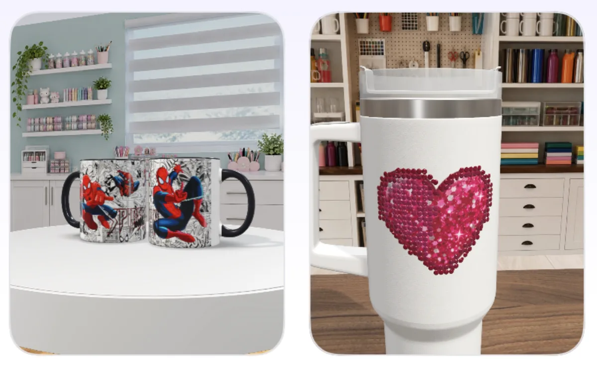 Tazas y un tumbler con strass, ejemplos de productos personalizados para vender