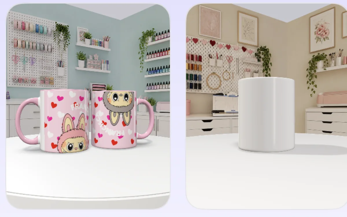Tazas personalizadas fotografiadas en 3D dentro de un taller, sin cámara