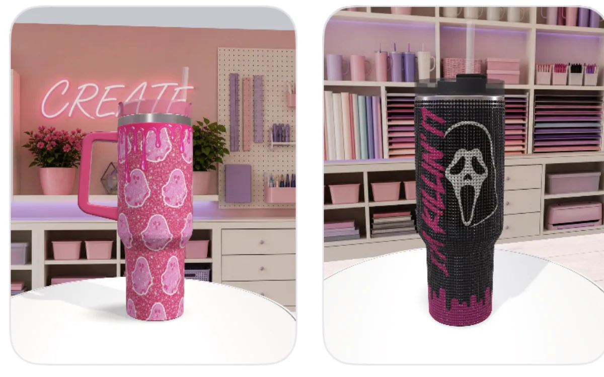 Tumblers personalizados renderizados en escenas con luces de neón, listos para redes