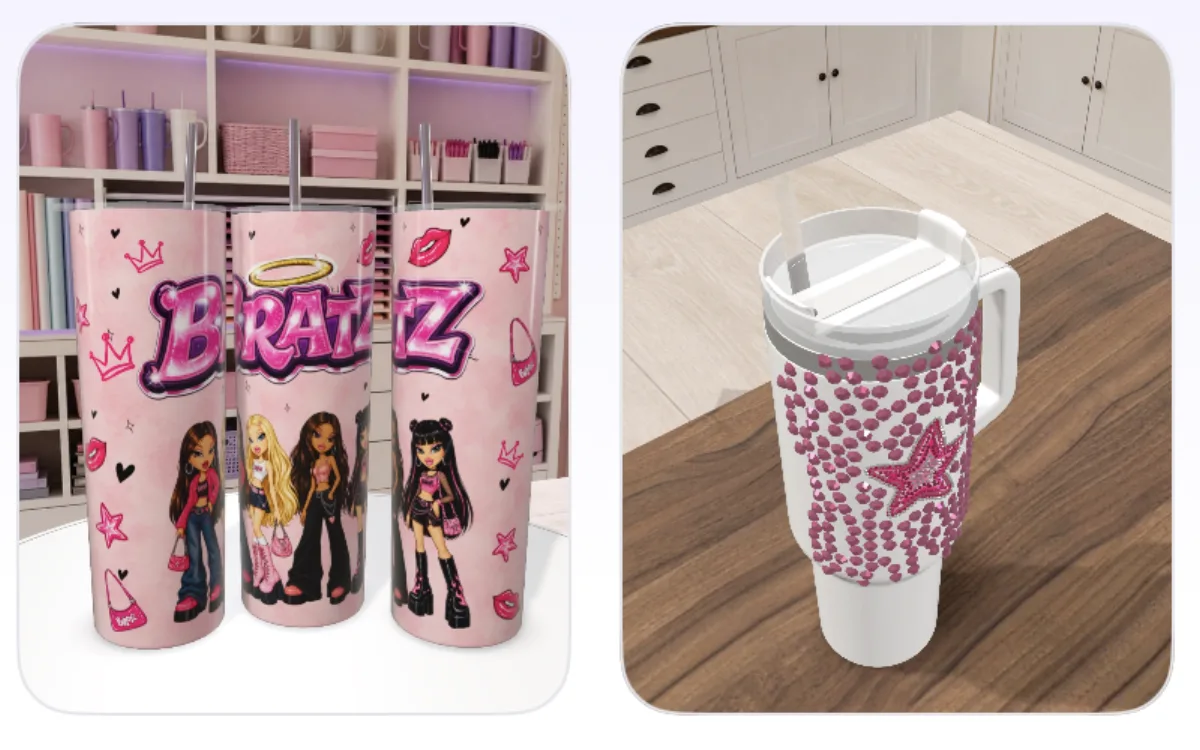 Mockups 3D de tumblers personalizados: uno con diseño Bratz y otro con strass